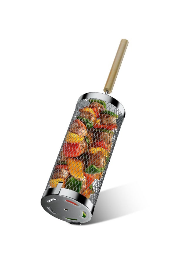 هومستر سلة شواء مزودة بمقابض خشبية قابلة للإزالة، سلة شواء خارجية لشواء اللحم والخضروات، حاوية تحميص معدنية غير قابلة للصدأ، أداة شواء للخضروات والجمبري والأسماك واللحوم، مثالية للتجول في المخيمات وهدية لأبي/زوجي/رجل، 35×9.5 سم - Image 1